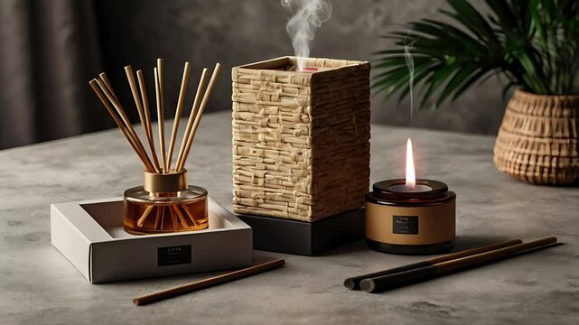 Air freshener stick next to the packaging box. Seamless 4K looping timelapse video animation background
