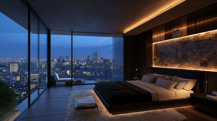 Penthouse Bedroom with City View:  A luxurious modern bedroom with a king-sized bed, plush bedding, and warm lighting.