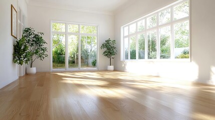Bright sunlit empty room with hardwood floor, large windows showing garden. Ideal for real estate listings