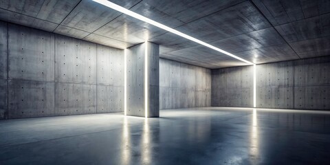 Empty, modern architecture;  diagonal pillars slice through a long-exposure image of a rough-floored, indirectly lit concrete room.