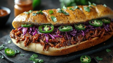 Delicious pulled pork sandwich topped with jalape?os and purple cabbage on a rustic wooden table
