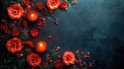 Vibrant red flowers and candles create a serene atmosphere for relaxation and reflection