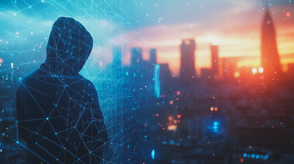 Hacker are planning to hack and attack networks and cyber security systems.Smart digital Innovation city with connection network reciprocity over the cityscape	