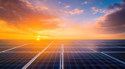 Solar panels reflecting a vibrant sunset sky.