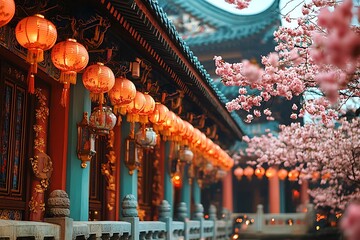 Illuminated Temple Lanterns and Cherry Blossoms Bloom