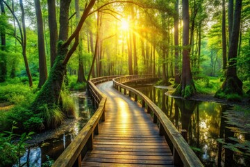 Explore an enchanting woodland path, capture candid moments on the mystical swamp boardwalk.