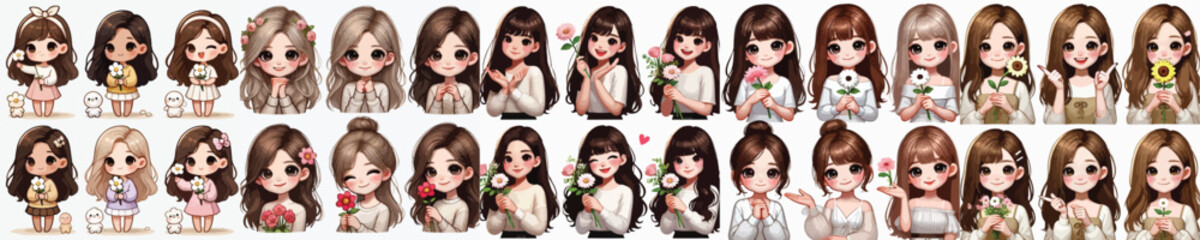 vector set of beautiful women holding flowers