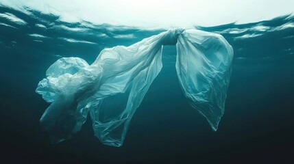 A plastic bag floating underwater, highlighting pollution.