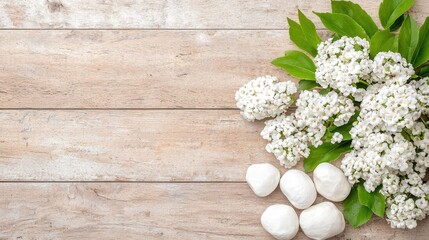 White flowers and stones on wooden background; spa, wellness, serenity