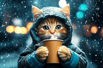 Sad cute baby cat donskoy in winter warm clothes, holding hot beverage with rising steam in paws. Problem of struggling animals. Social commercial - animal care. Winter cat liner. Pet cold wrap.