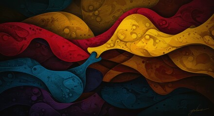 Obraz premium Abstract Fluid Forms: Intertwined swirls of deep red, gold, teal, and dark purple create a mesmerizing abstract artwork. The forms appear fluid and dynamic, evoking a sense of movement and energy.