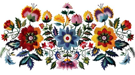 Naklejka premium Vibrant folk art floral composition with colorful wildflowers in traditional decorative style, perfect for textile design, greeting cards and folk-inspired projects. Watercolor bouquet arrangement.