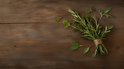 Obraz premium Bundle of Fresh Rosemary and Thyme on Rustic Wooden Surface with Scattered Leaves