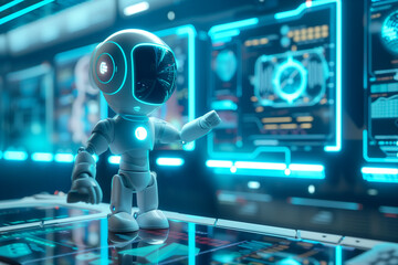 Robot solving complex problem on holographic digital interface screen. Artificial intelligence Machine learning on big data network connection.
