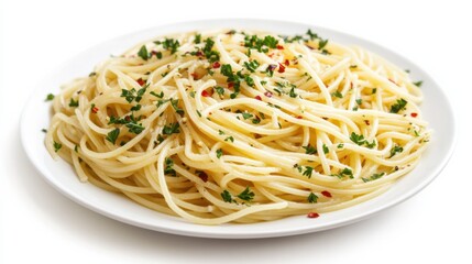 A plate of classic spaghetti aglio e olio with garlic, olive oil, chili flakes