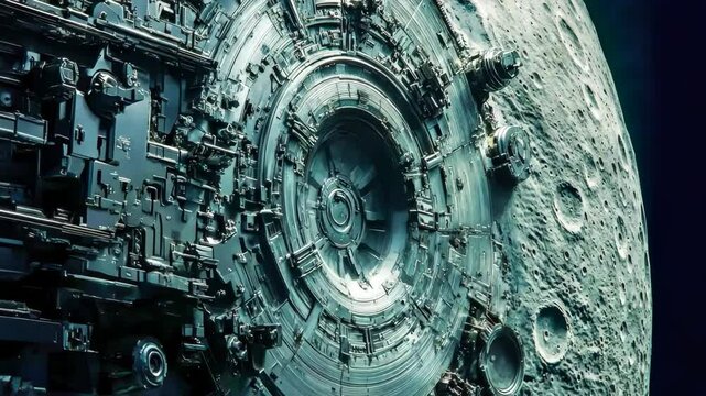 A space station with a large dome on top. The dome is surrounded by a lot of machinery and the space station is floating in space
