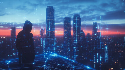 Hacker are planning to hack and attack networks and cyber security systems.Smart digital Innovation city with connection network reciprocity over the cityscape	