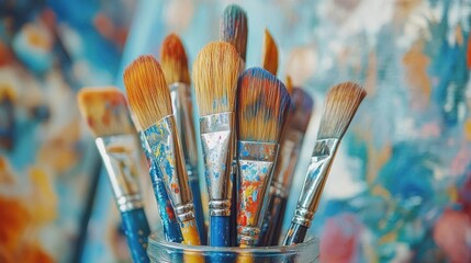 Fototapeta premium Paintbrushes in jar, close-up of colorful paintbrush tips in a glass jar, artistic studio setting