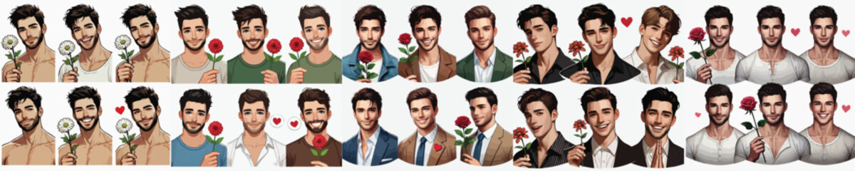 vector set of handsome men holding flowers