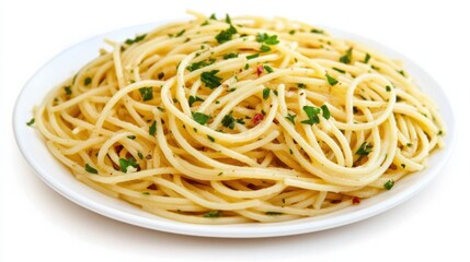 A plate of classic spaghetti aglio e olio with garlic, olive oil, chili flakes