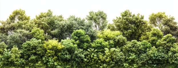 Naklejka premium A photorealistic forest landscape with dense trees and lush green foliage, set against a white background. The top row features various angles of the canopy from above