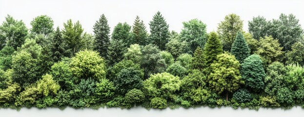 Fototapeta premium A photorealistic forest landscape with dense trees and lush green foliage, set against a white background. The top row features various angles of the canopy from above