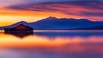 Serene lake at sunset with a solitary wooden structure and distant mountains.
