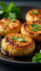 Delicious roasted garlic with herbs on a black plate, perfect for gourmet dishes.