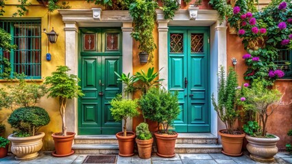 Fototapeta premium Greek contemporary home: Macro view of two family's entrance doors, adorned with greenery.