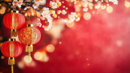 Chinese New Year Lantern Festive Background: Red lanterns and delicate cherry blossoms hang against a rich red backdrop.