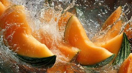 of cantaloupe splashing in water with vibrant orange tones, detailed textures, and green edges. 