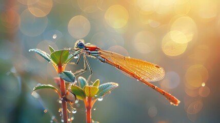 Naklejka premium A close-up photograph of a dragonfly perched on a plant with water droplets on its body and wings.