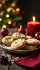 Delicious gingerbread cookies on a festive table with holiday decorations and candles.