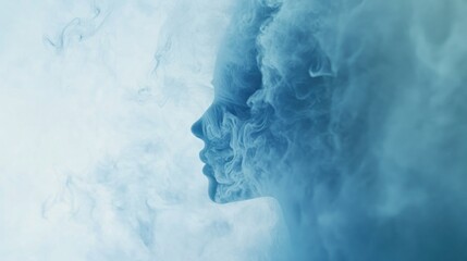 Woman's face obscured by blue smoke, studio backdrop, ethereal, advertising