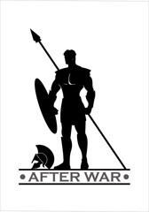 sparta warrior after war, holds shield and spear