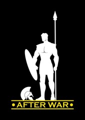 sparta warrior after war, holds shield and spear