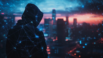 Hacker are planning to hack and attack networks and cyber security systems.Smart digital Innovation city with connection network reciprocity over the cityscape	