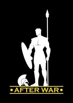 sparta warrior after war, holds shield and spear