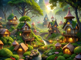 Fototapeta premium High-detail 3D illustration: a fantasy elf town within a lush enchanted forest, featuring detailed CG elves.