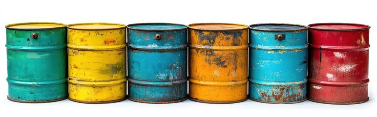 Fototapeta premium Colorful paint barrels isolated on white background, oil drum, icon design, simple color scheme, high resolution photography, high quality details, professional product photography