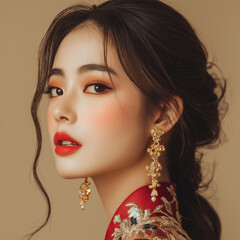 Elegant portrait of a young woman in traditional attire studio setting fashion photography soft lighting intimate viewpoint beauty concept