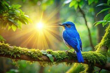 Obraz premium Serene Blue Bird in Lush Green Forest: Vibrant Wildlife Stock Photo