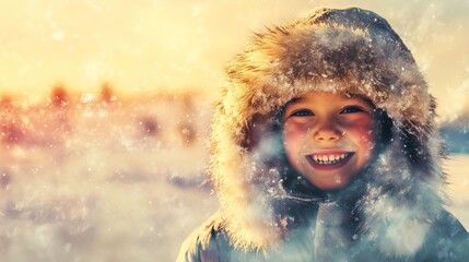 Attractive smiling eskimo kid with fur hood and warm clothes