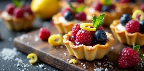 Delicious berry tarts topped with mint on a wooden table, perfect for desserts.