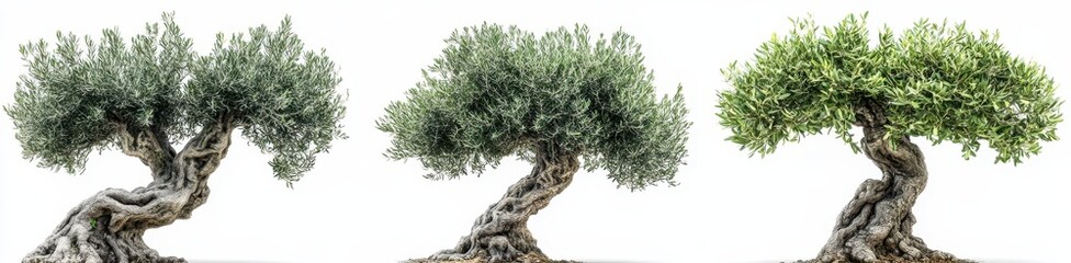 4 olive trees, different styles of ancient Greek trees, white background, cutout, isolated elements, different angles, hyper-realistic, photorealistic