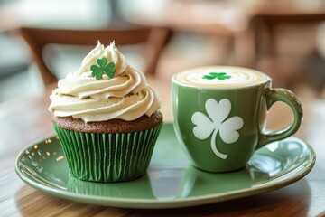 St. patrick's day cupcake and coffee with shamrock decorations