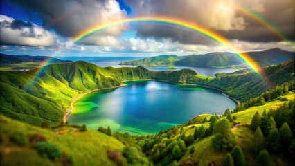 Azores Rainbow Lake Tilt-Shift Photography: Stunning Aerial View of Volcanic Island Landscape