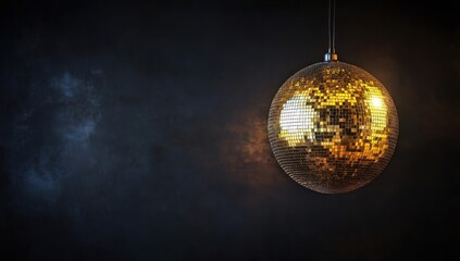 Golden Disco Ball Hanging in the Dark