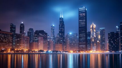 Obraz premium Stunning Night View of Chicago Skyline Cityscape Beautiful Modern Architecture Illuminated Buildings Nighttime City Lights 