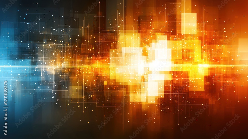 Wall mural dynamic interplay of light and color in abstract digital artwork. geometric shapes and pixelated ele